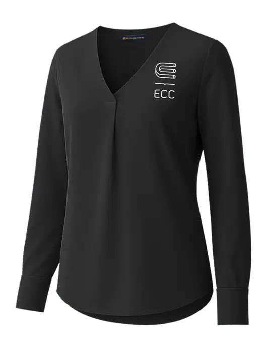 Brooks Brothers Womens Black Open-Neck Satin Blouse  w/ECC Logo