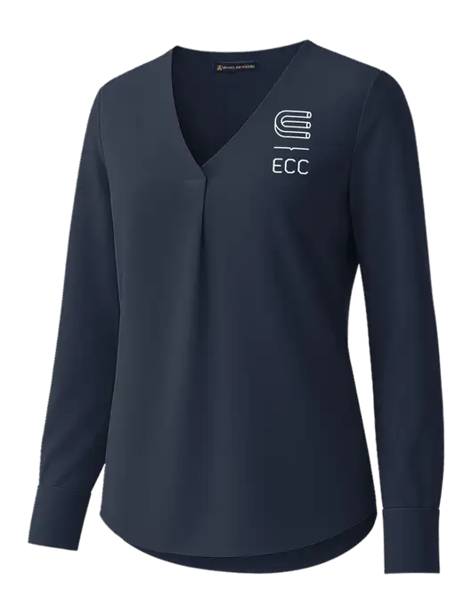 Brooks Brothers Womens Dark Navy Open-Neck Satin Blouse  w/ECC Logo
