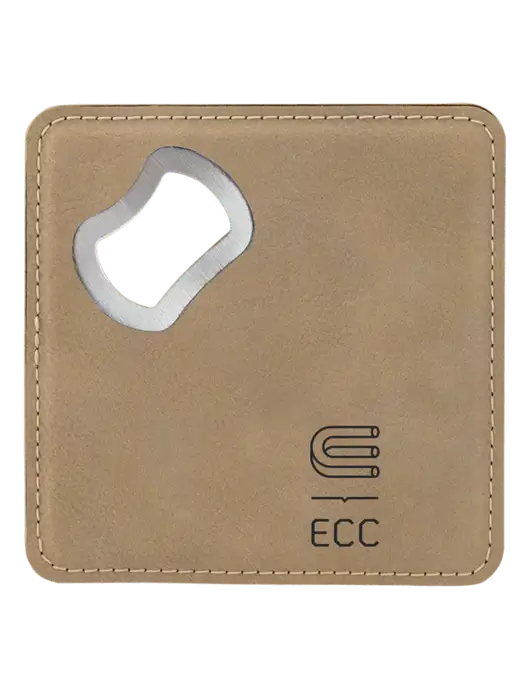 Tan Leatherette Bottle Opener Coaster w/ECC Logo