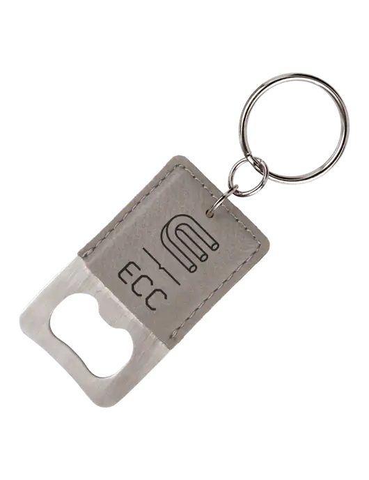 Grey Leatherette Rectangle Bottle Opener Keychain w/ECC Logo