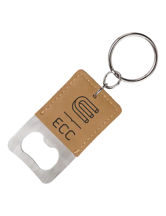 Tan Leatherette Rectangle Bottle Opener Keychain w/ECC Logo